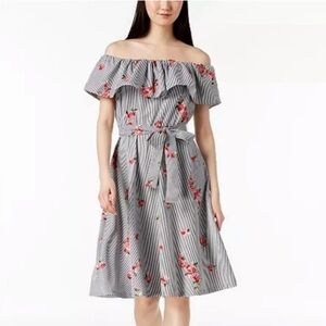 Calvin Klein Embroidered and Striped Off the Shoulder Dress Size 4